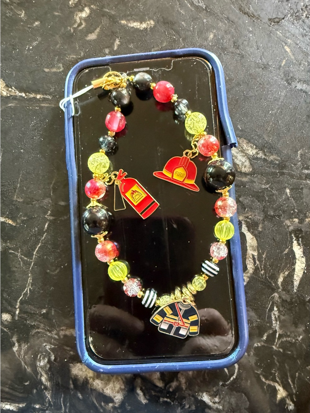 Kids Firefighter Beaded Phone Chatm - Red, Black & Yellow